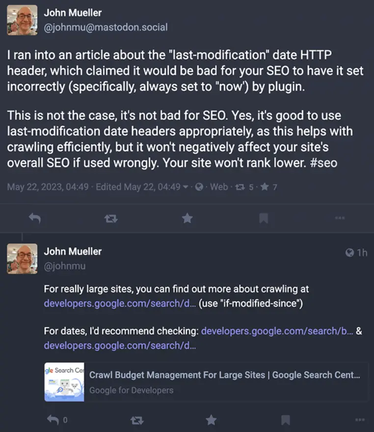 Twitter screenshot from John Muller suggesting that having an incorrect date as your last-modified header won’t won't negatively affect your site's overall SEO