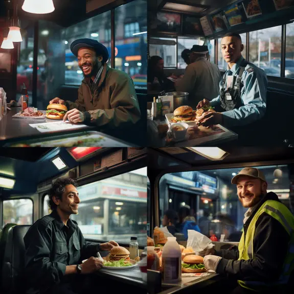 Ai generation of “natural photo of a man eating a burger at a burger shop table during the day. He's wearing a bus driver uniform. You can see a London street through the window. Fluorescent interior lighting. The table is a little messy. He looks happy.”