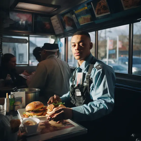 ai generation of a natural photo of a man eating a burger at a burger shop