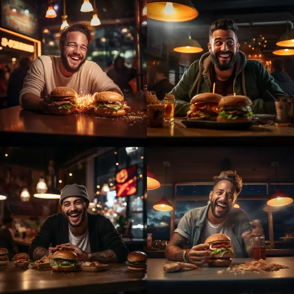 Ai generation of “natural photo of a man eating a burger at a burger shop table. Interior lighting, the table is a little messy. He looks happy.”