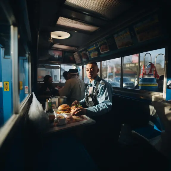 ai image generation of a natural photo of a man eating a burger at a burger shop