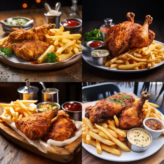 Ai image generation of four pictures of chicken and chips