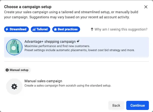 meta advantage campaign set-up screenshot
