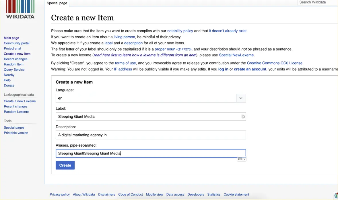 A screenshot from Wikidata showing the process of creating a new Item for Sleeping Giant Media.