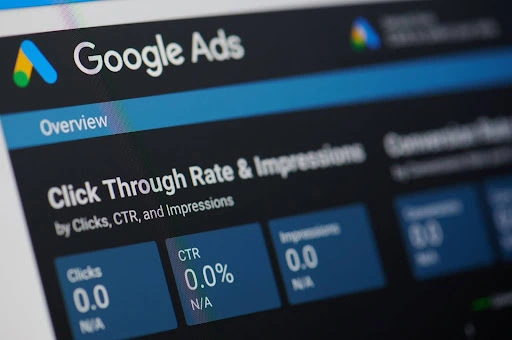 Image of a Google Ads dashboard overview showing click through rate & impressions data