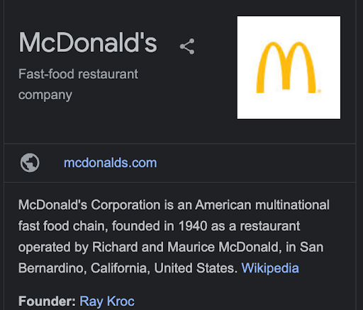 The Google knowledge panel for McDonald's, showing the world logo.