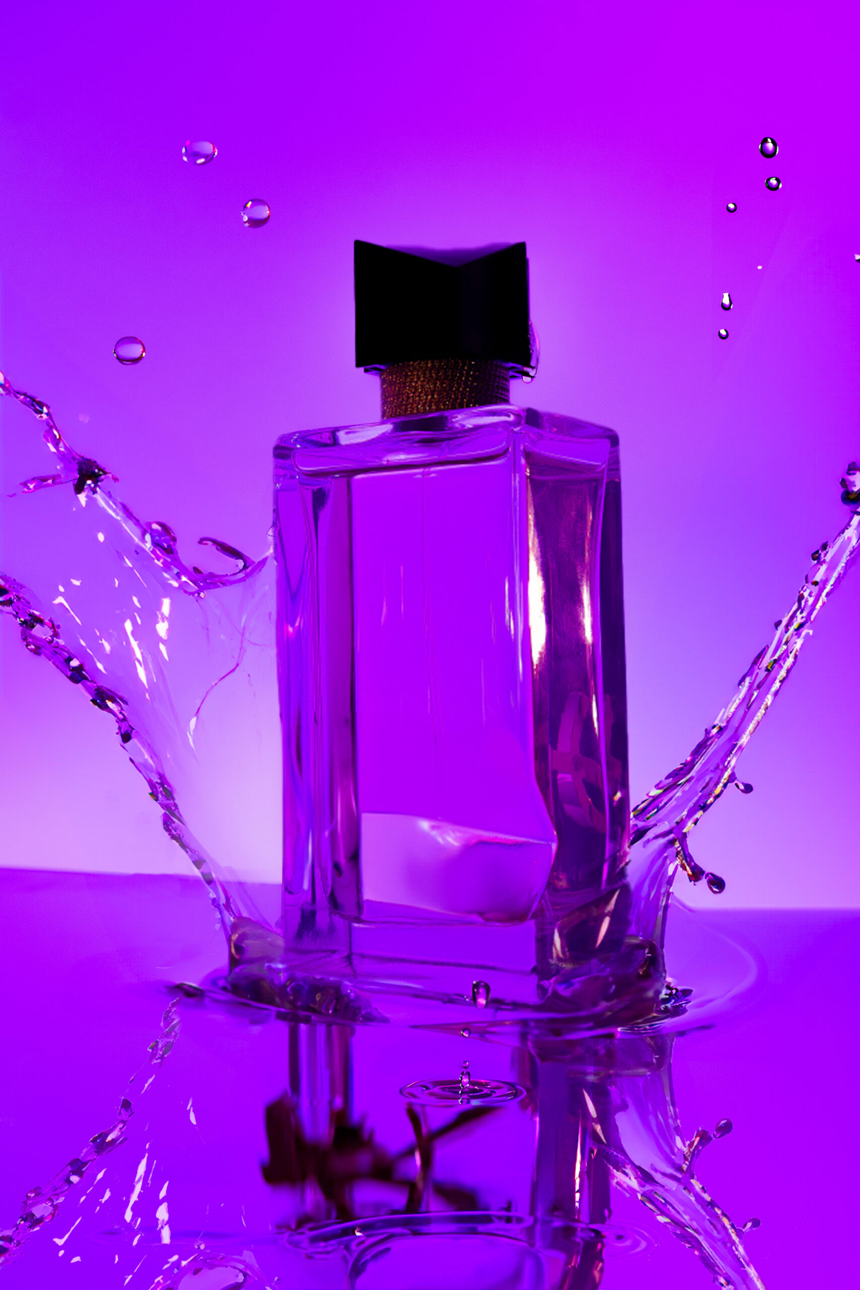 a perfume bottle with a purple background making water splash to the sides