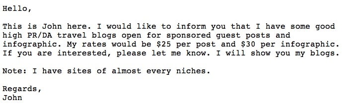 Example email from someone wanting to sell guest blog posts